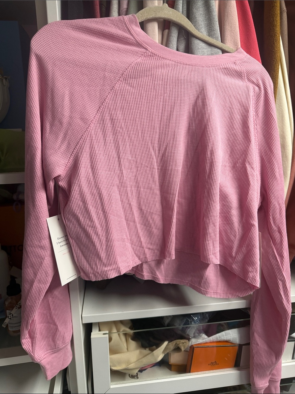 Double Zero Pink Waffle-Knit Cropped Long Sleeve Top